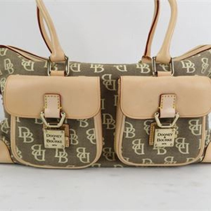 Dooney & Bourke Signature DB Monogram Pocket Satchel Tan Brown Leather Trim