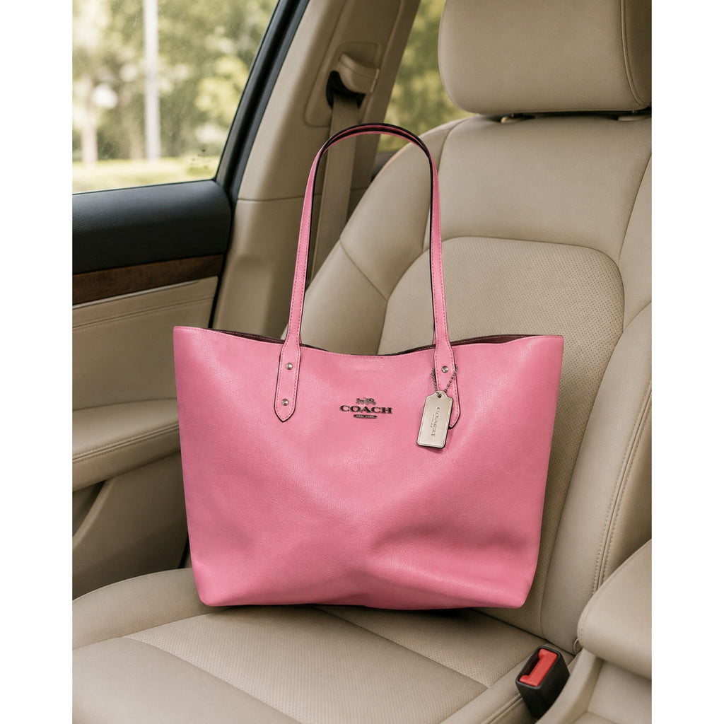 Coach Pebbled Leather Large Tote Bag Pink Striped Lining Silver Hardware
