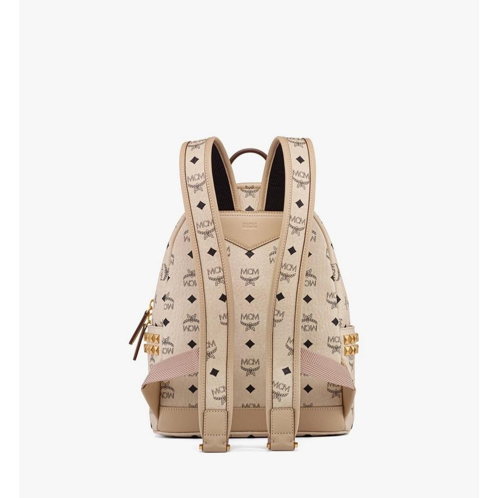 MCM Stark Side Studs Visetos Backpack Beige Leather Trim Small