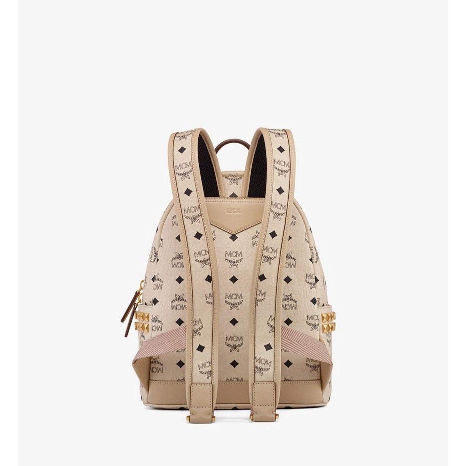 MCM Stark Side Studs Visetos Backpack Beige Leather Trim Small