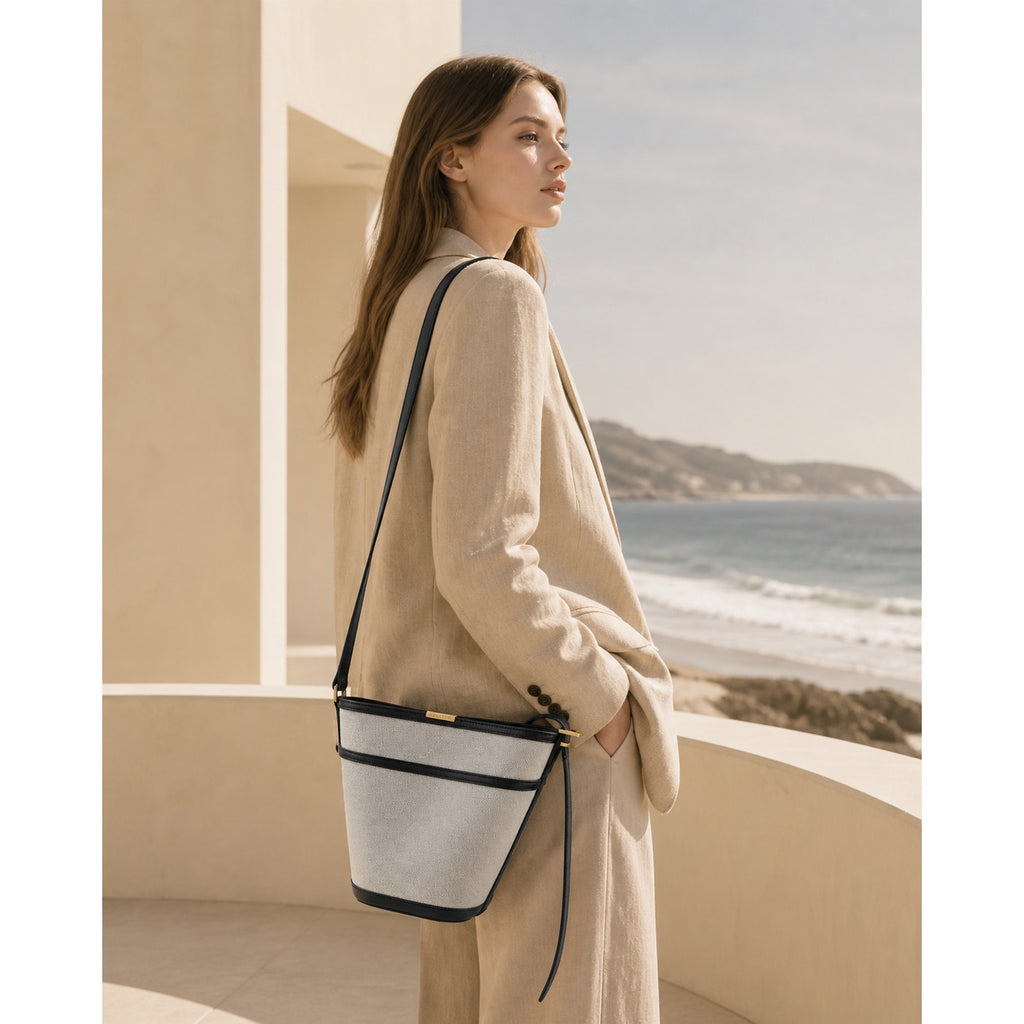 Halston Canvas Leather Trim Bucket Crossbody Bag Ivory Black Vintage