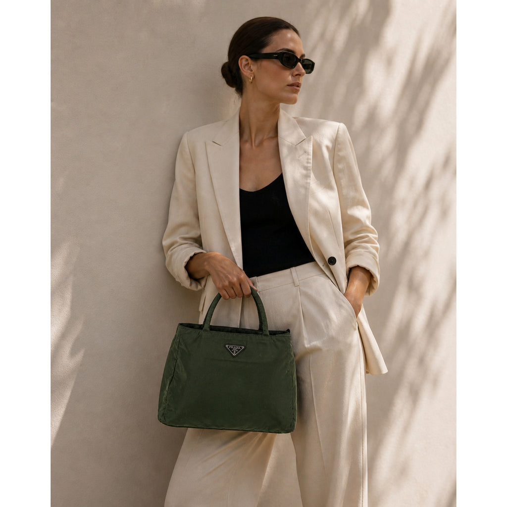 Prada Tessuto Nylon Top Handle Tote Bag Dark Green Triangle Logo