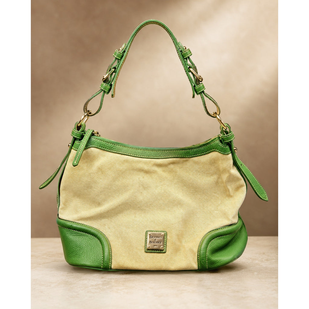 Dooney & Bourke Lucky Green Cream Canvas Leather Shoulder Bag