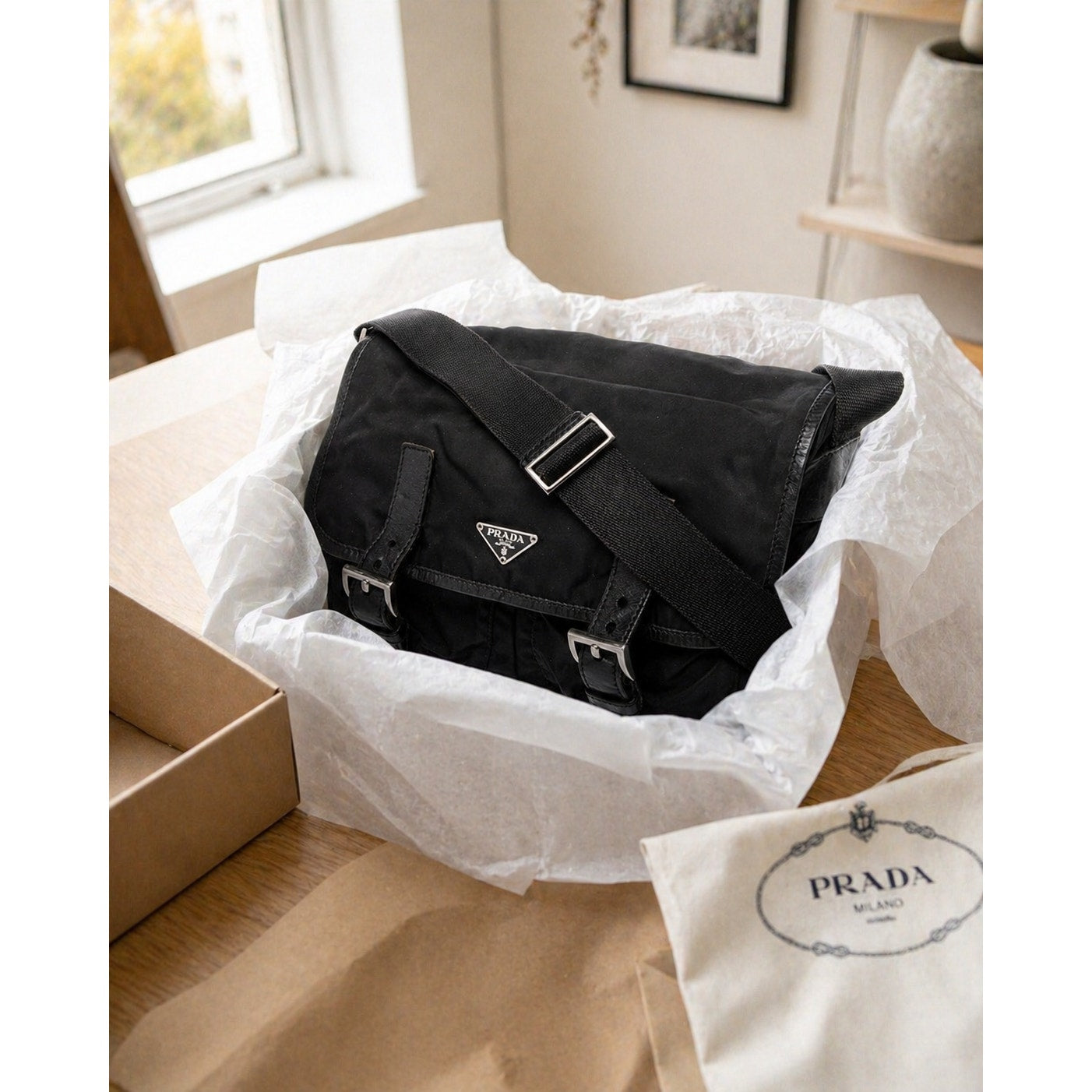 Prada Black Tessuto Nylon Messenger Bag Crossbody Shoulder Bag