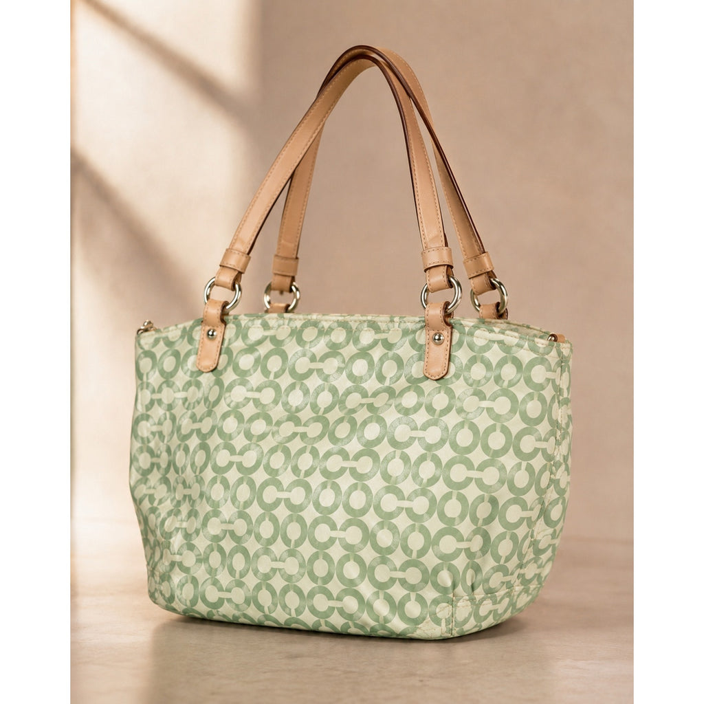Coach Op Art Signature Coated Canvas Tote Green White Leather Trim