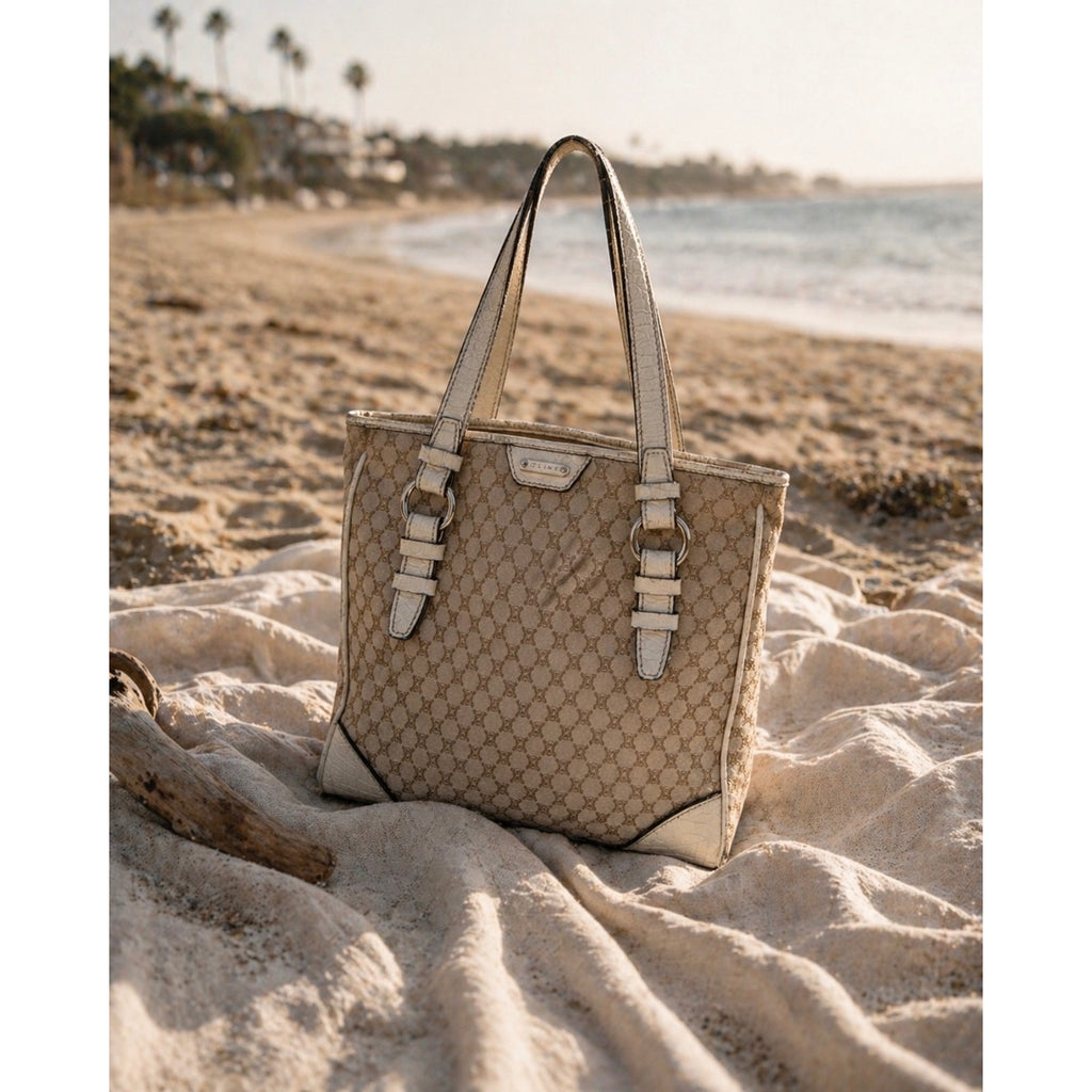 Celine Vintage Canvas Top Handle Tote Bag Brown Tan Logo Print