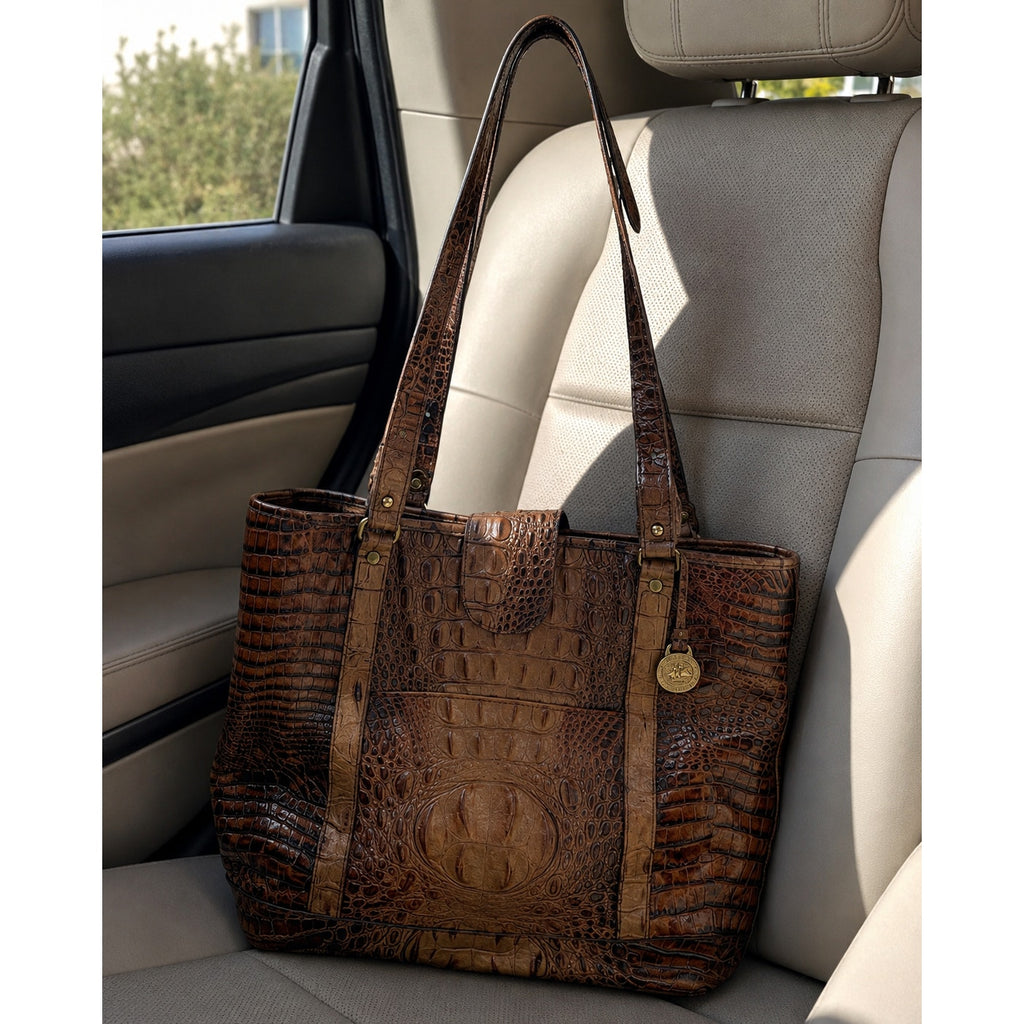 Brahmin Brown Croc Embossed Leather Large Shoulder Tote Gold Hardware