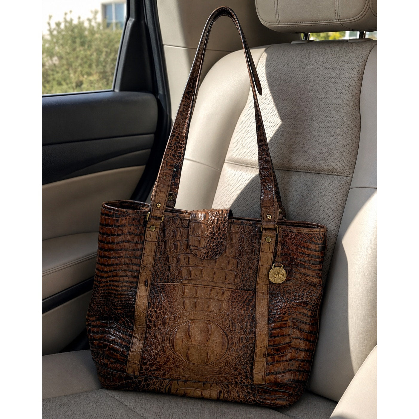 Brahmin Brown Croc Embossed Leather Large Shoulder Tote Gold Hardware