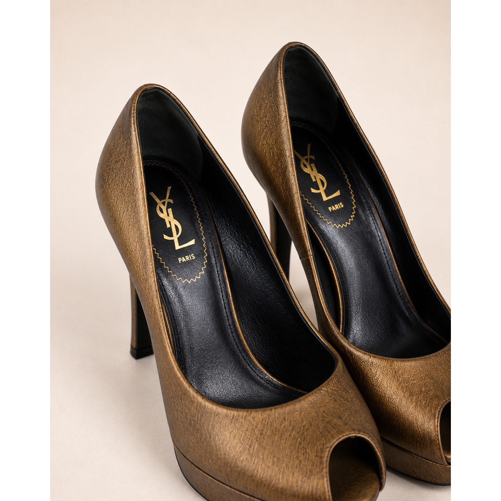 Yves Saint Laurent Palais Bronze Leather Peep Toe Pumps EU 37