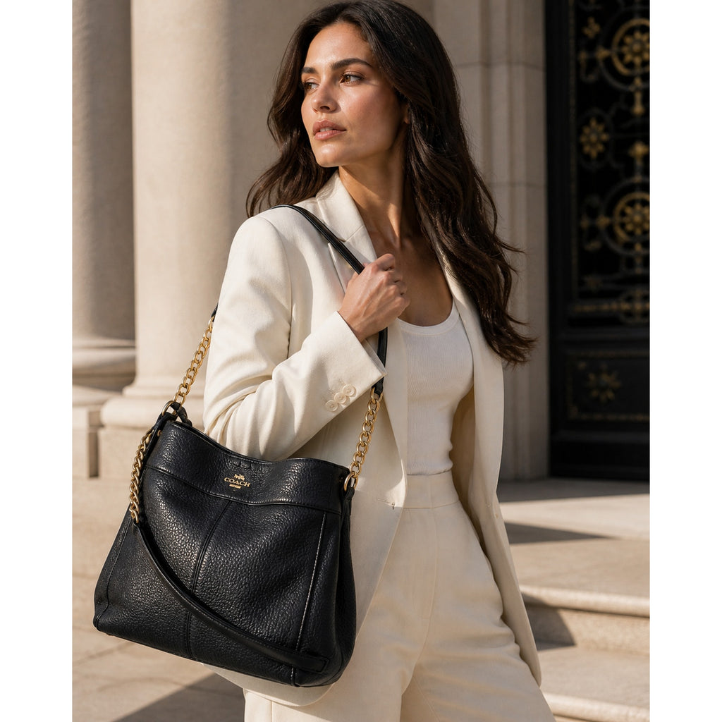 Coach Lexy Black Pebbled Leather Chain Shoulder Bag Gold Hardware Purse