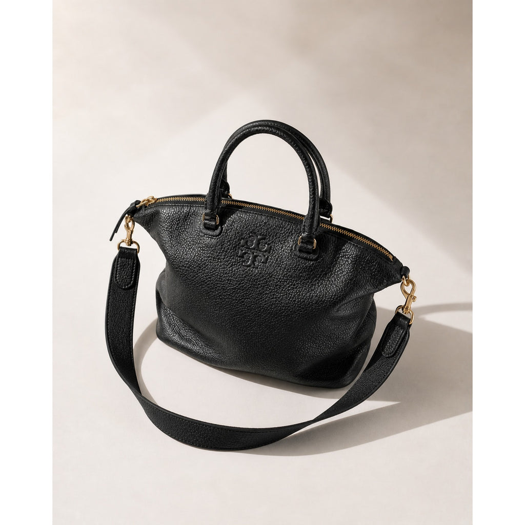 Tory Burch Robinson Satchel Pebbled Leather Black Crossbody Bag