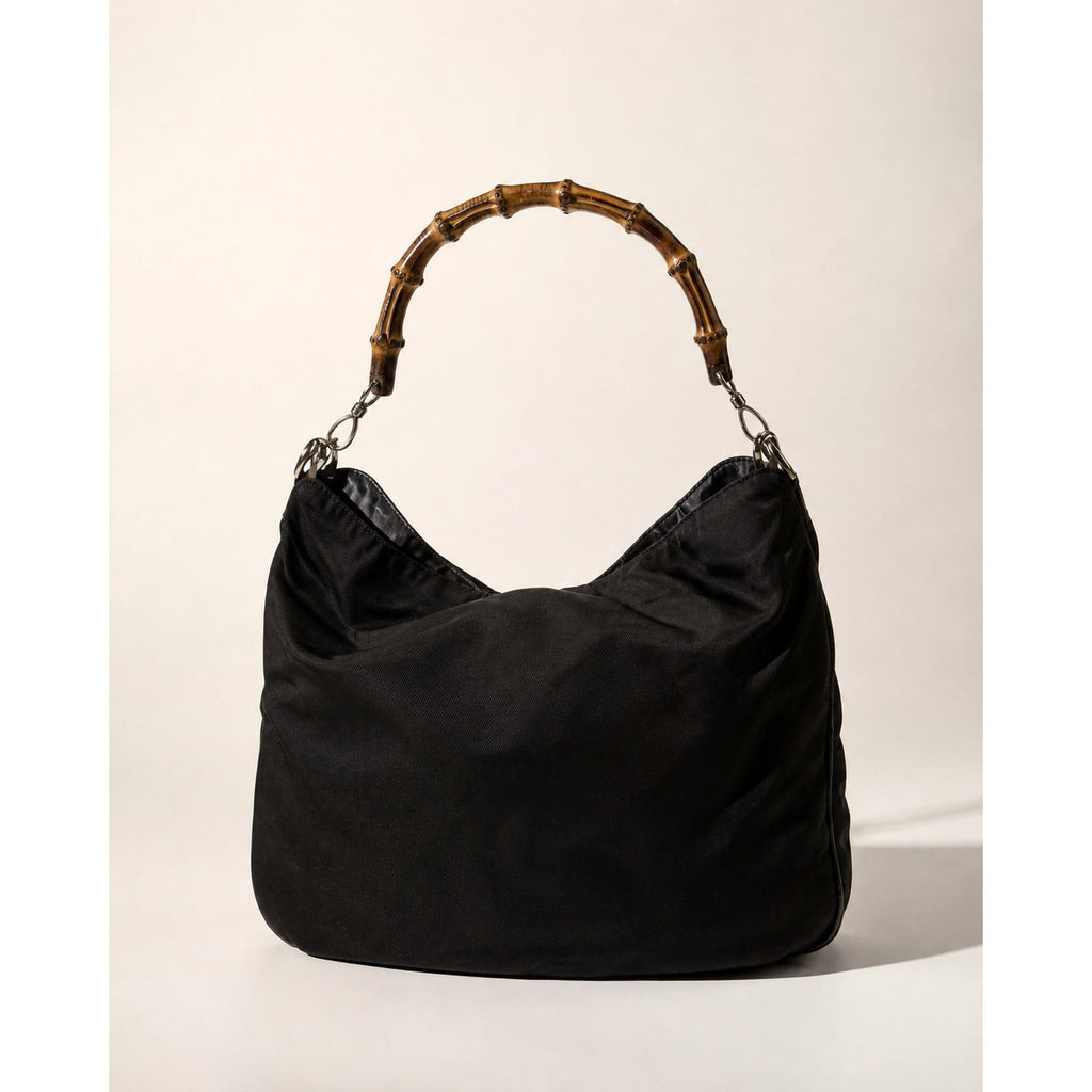 Gucci Black Nylon Bamboo Top Handle Bag Logo Jacquard Lining