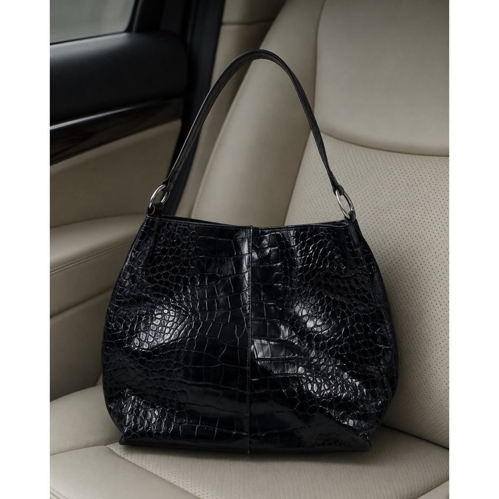 Furla Large Black Croc Embossed Patent Leather Hobo Shoulder Bag