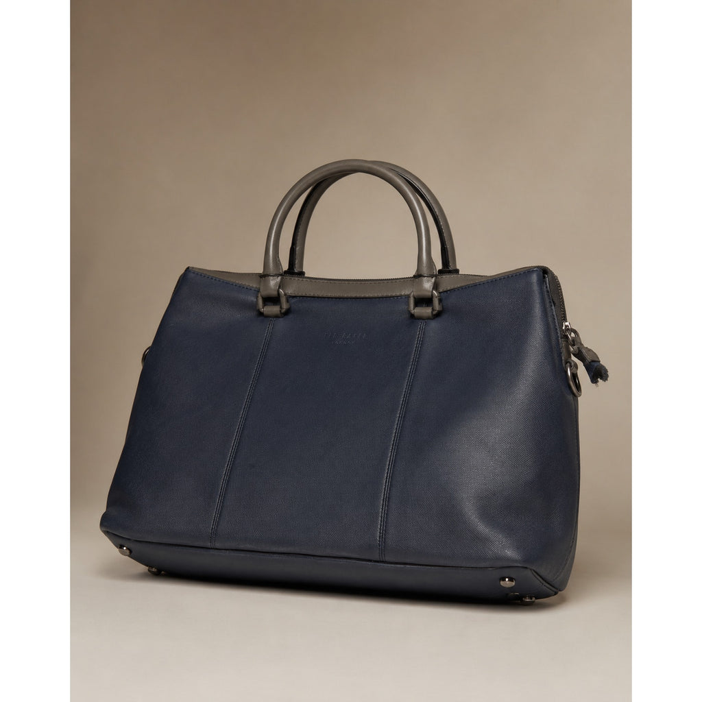 Ted Baker Navy Blue Pebbled Leather Large Tote Gray Handles