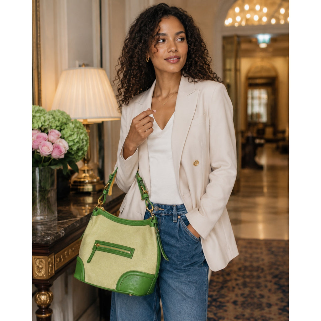 Dooney & Bourke Lucky Green Cream Canvas Leather Shoulder Bag