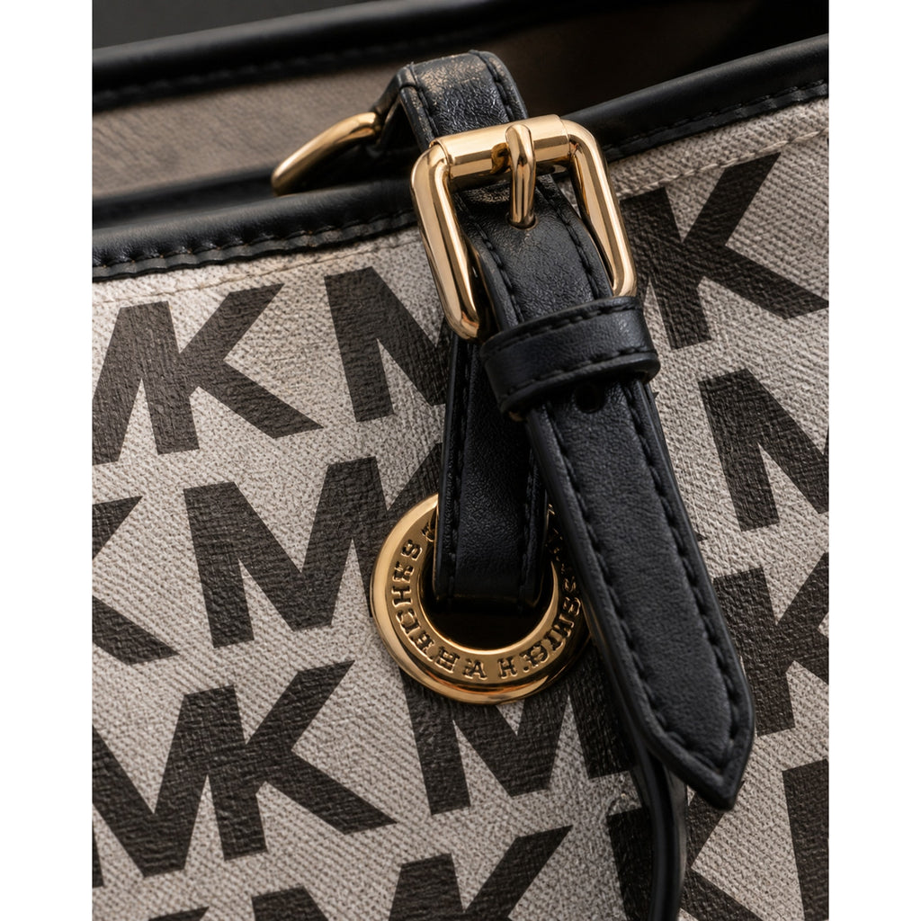 Michael Kors Jet Set MK Logo Tote Signature Canvas Black Leather Bag