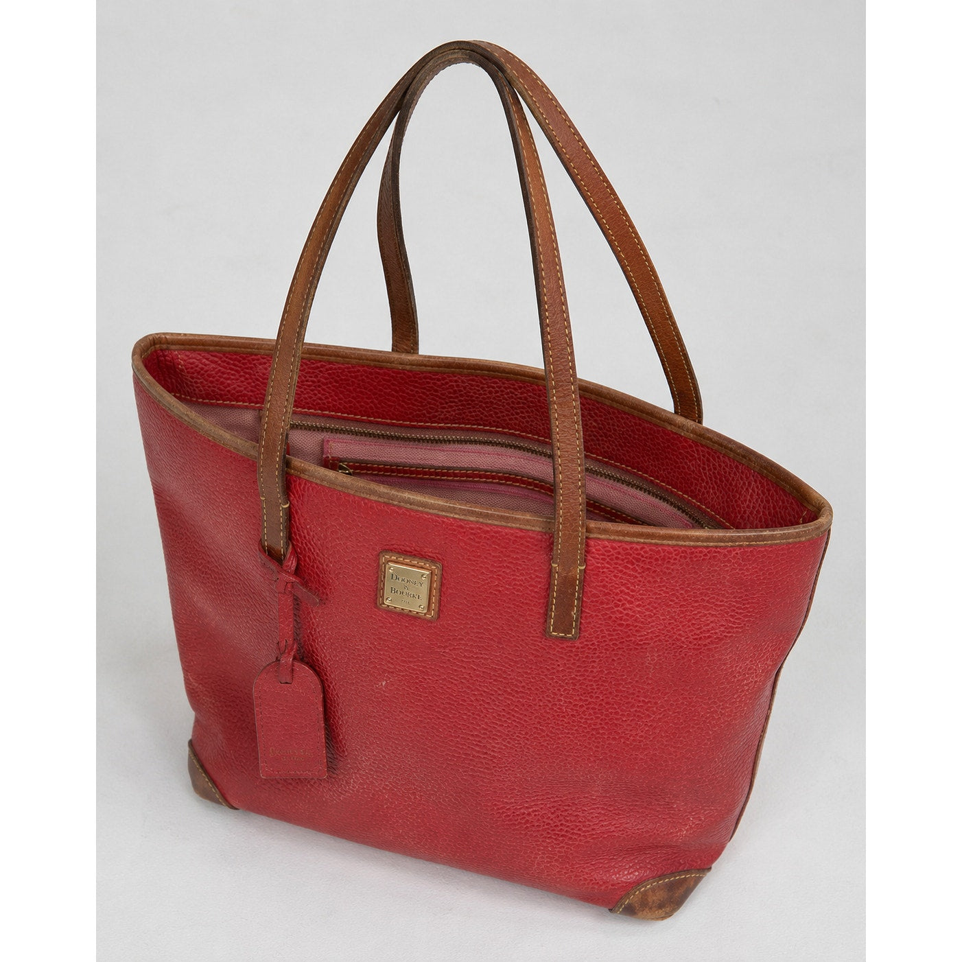 Dooney & Bourke Red Pebbled Leather Medium Tote Tan Trim Gold Hardware