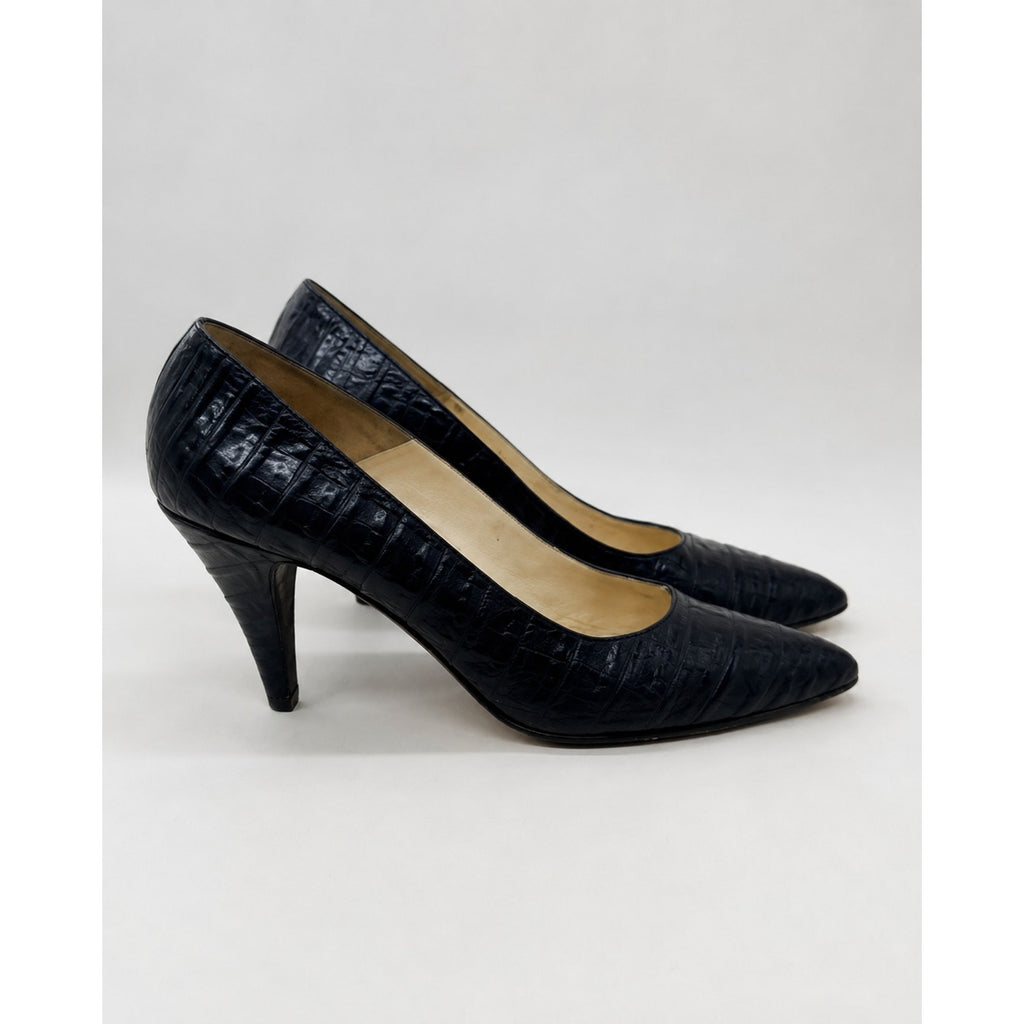 Rosina Ferragamo Schiavone Vintage Black Croc Leather Pumps Size 7
