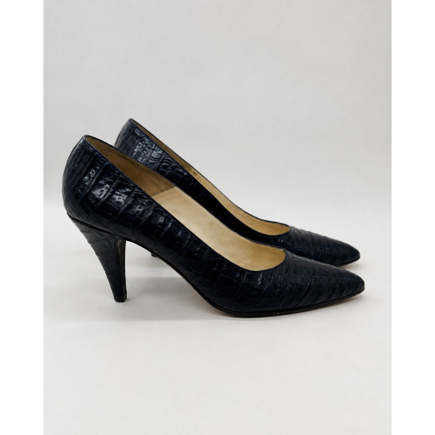 Rosina Ferragamo Schiavone Vintage Black Croc Leather Pumps Size 7