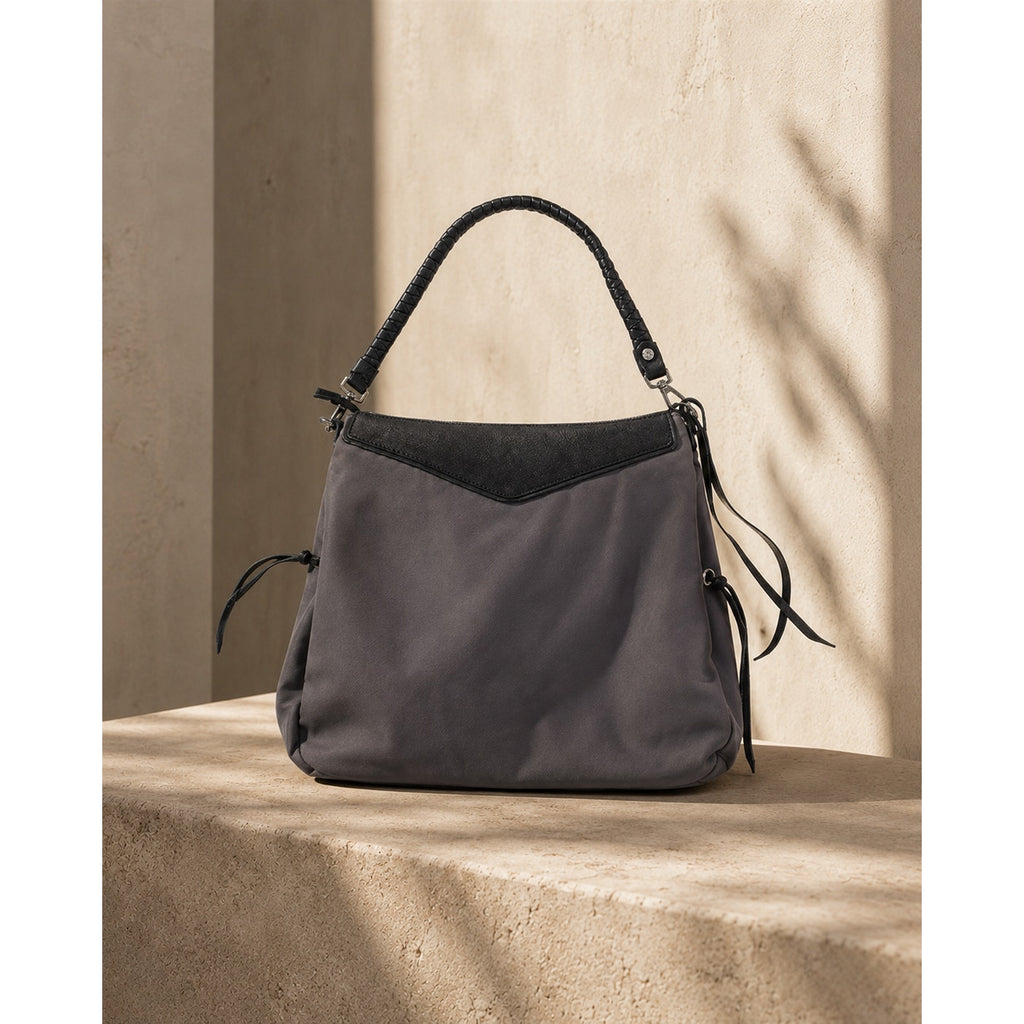 MZ Wallace Nylon Leather Shoulder Bag Gray Black Pocket Tote