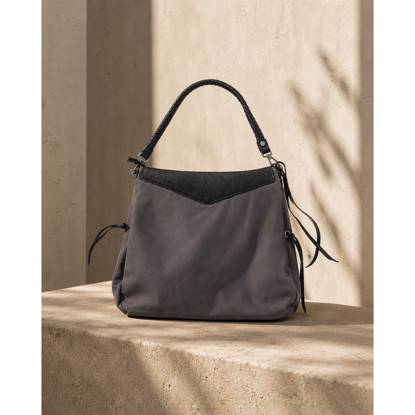 MZ Wallace Nylon Leather Shoulder Bag Gray Black Pocket Tote