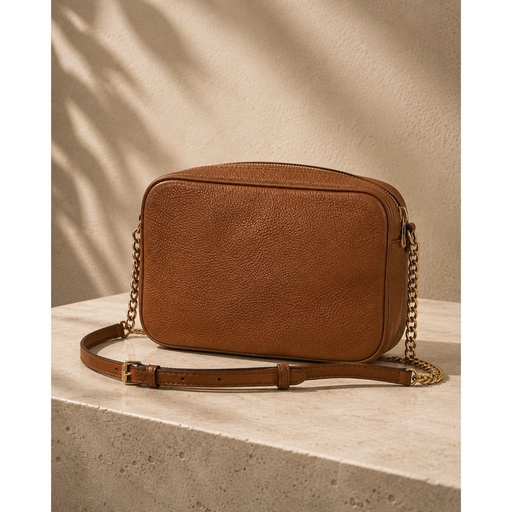 Michael Kors Brown Pebbled Leather Crossbody Bag Gold Chain