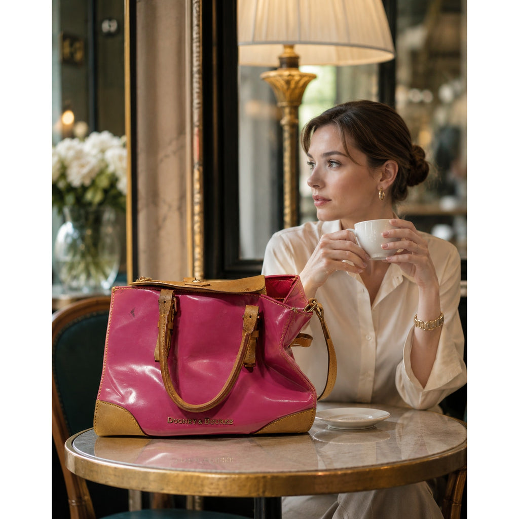 Dooney & Bourke Y2K Fuchsia Patent Leather Satchel Tote Tan Trim