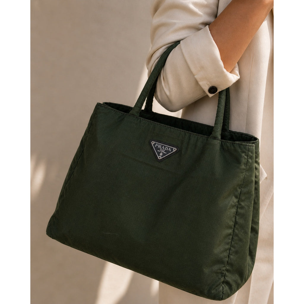 Prada Tessuto Nylon Top Handle Tote Bag Dark Green Triangle Logo