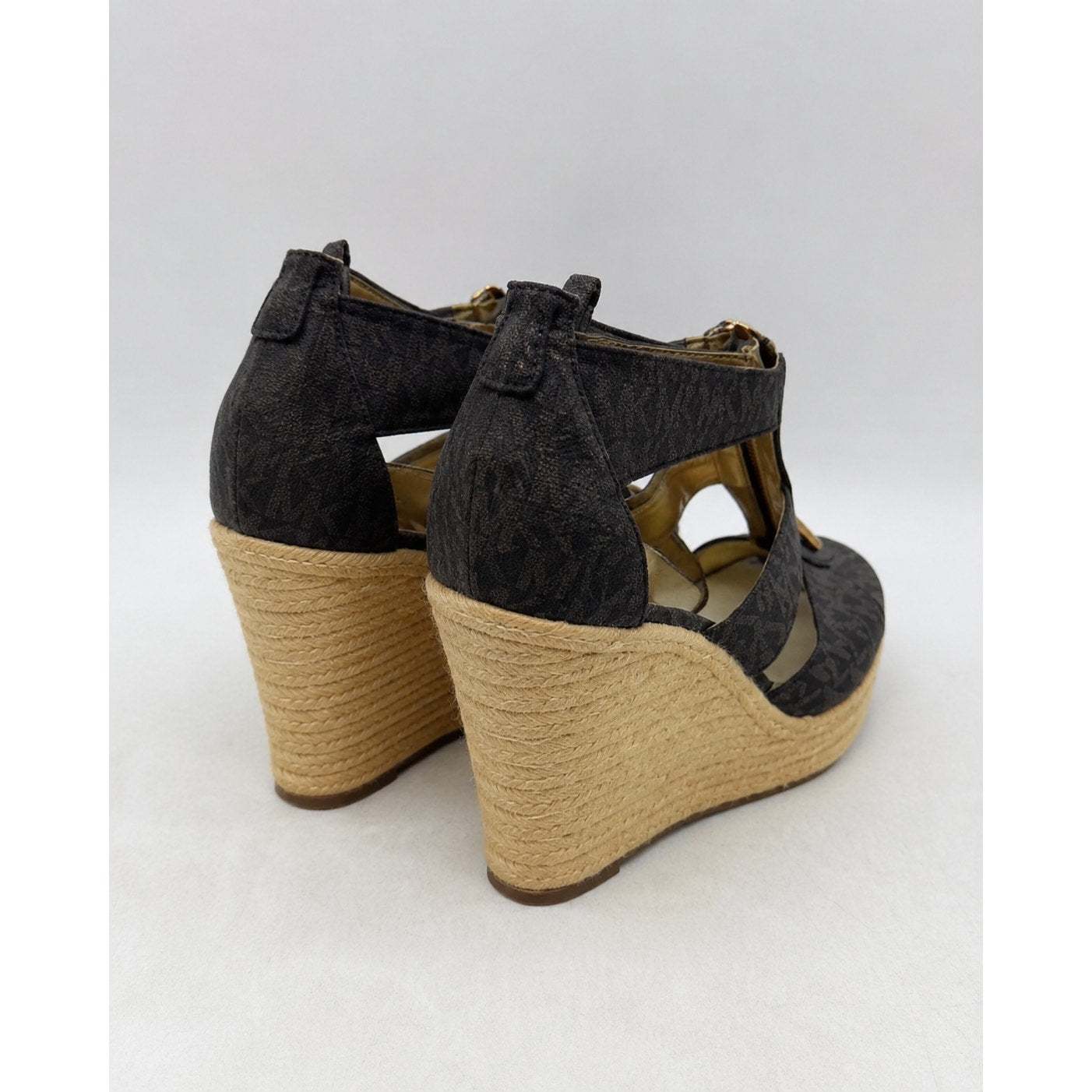 Michael Kors Damita Logo Wedge Sandals Size 8 Black Gray Zip Espadrille