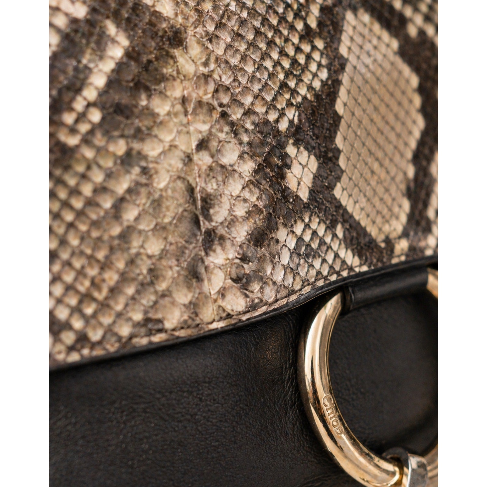 Chloé Faye Leather Snakeskin Flap Crossbody Black Gold Ring
