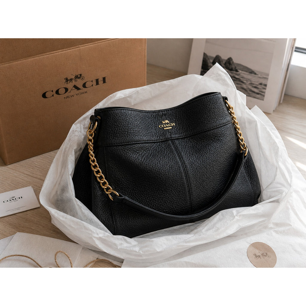 Coach Lexy Black Pebbled Leather Chain Shoulder Bag Gold Hardware Purse