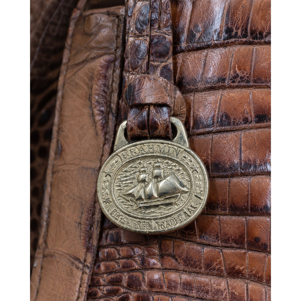 Brahmin Brown Croc Embossed Leather Large Shoulder Tote Gold Hardware