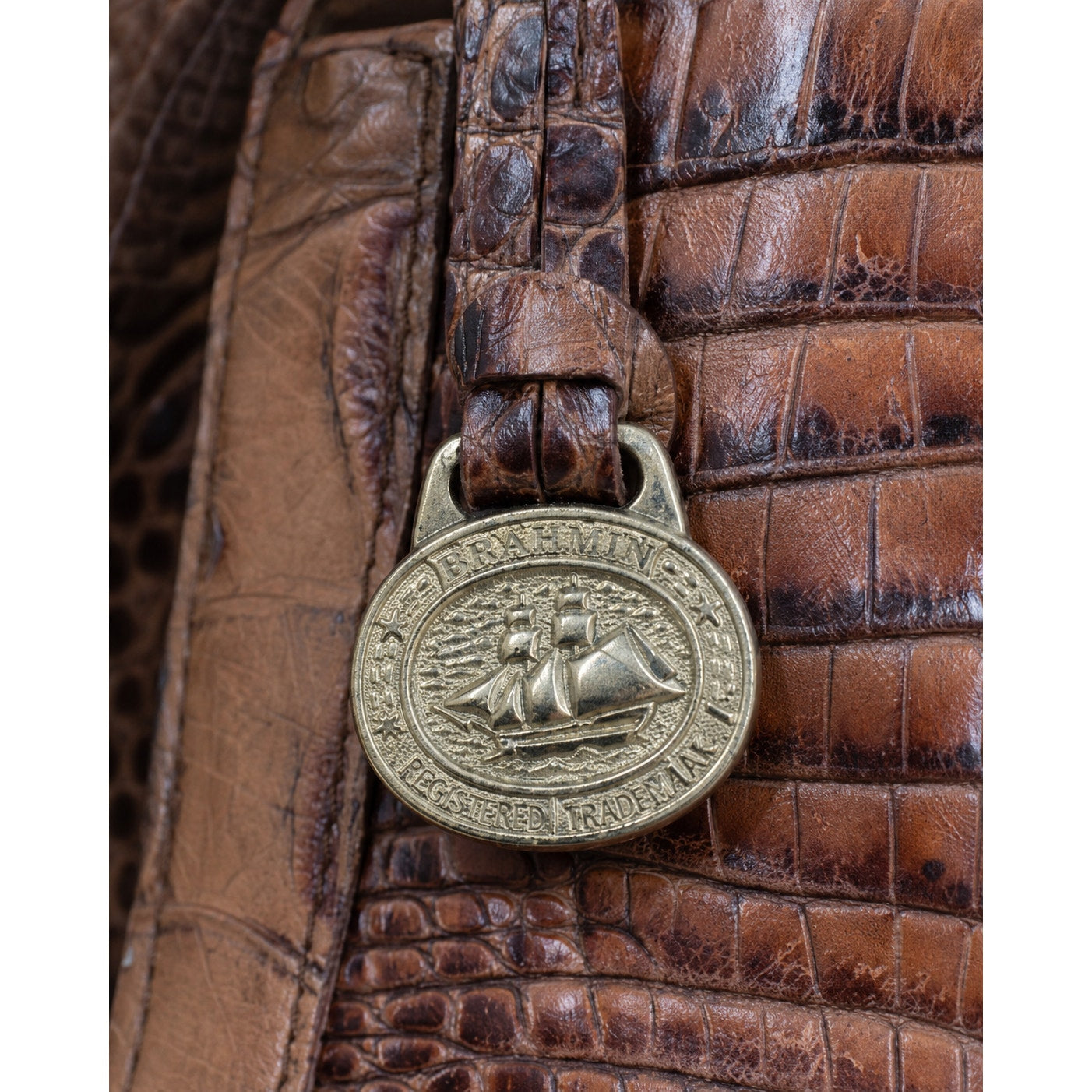 Brahmin Brown Croc Embossed Leather Large Shoulder Tote Gold Hardware