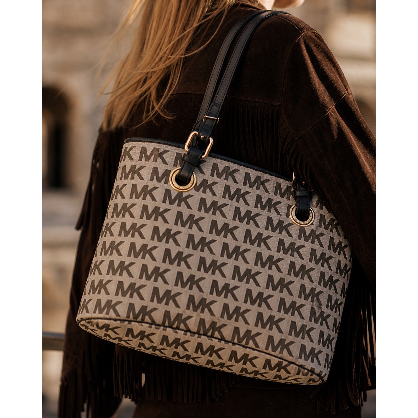 Michael Kors Jet Set MK Logo Tote Signature Canvas Black Leather Bag