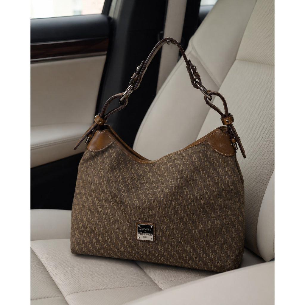 Dooney & Bourke Brown Coated Cotton Monogram Hobo Shoulder Bag