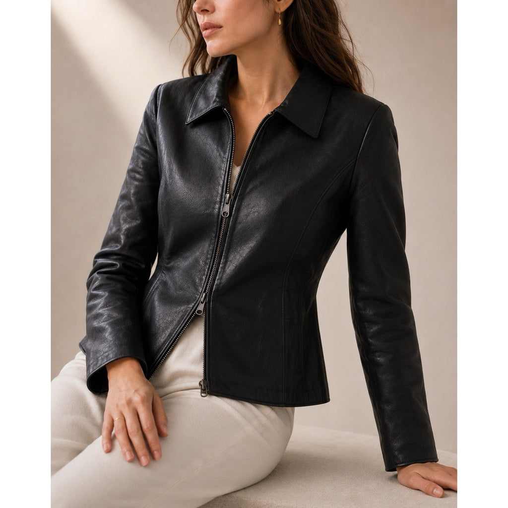 Talbots Women’s Petite 10 Black Leather Zip Jacket Career Blazer