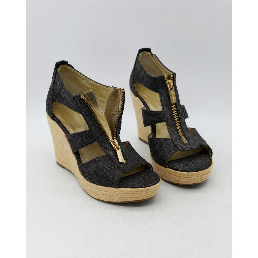 Michael Kors Damita Logo Wedge Sandals Size 8 Black Gray Zip Espadrille
