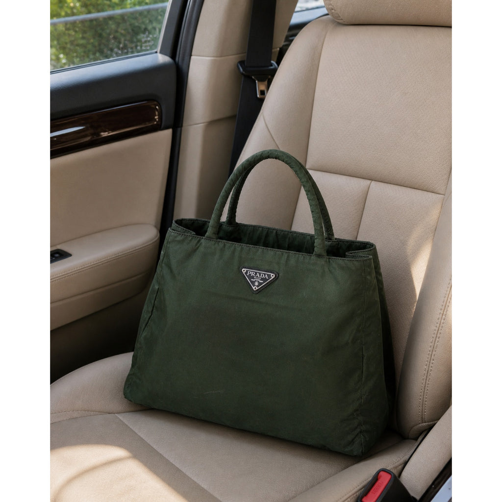 Prada Tessuto Nylon Top Handle Tote Bag Dark Green Triangle Logo