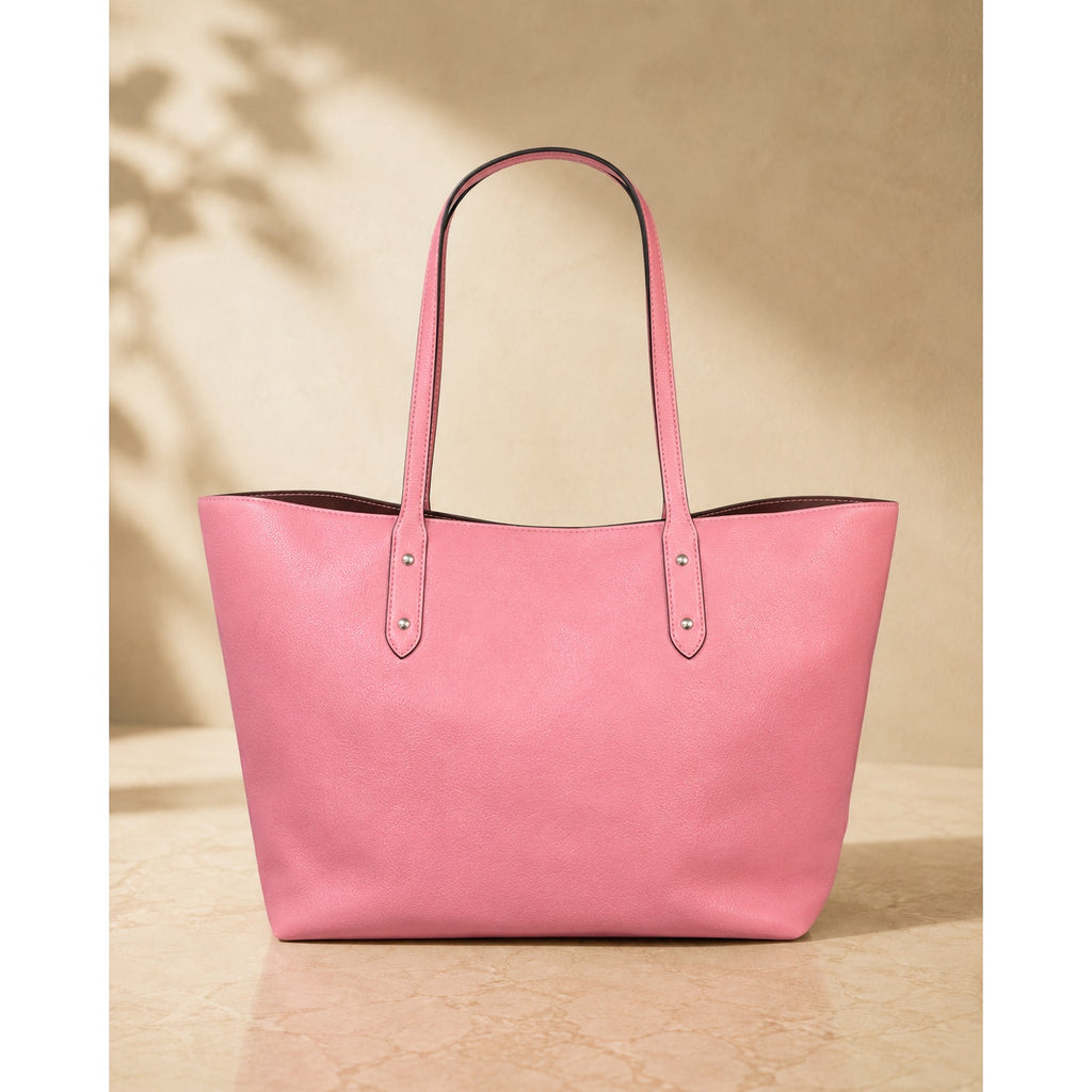 Coach Pebbled Leather Large Tote Bag Pink Striped Lining Silver Hardware