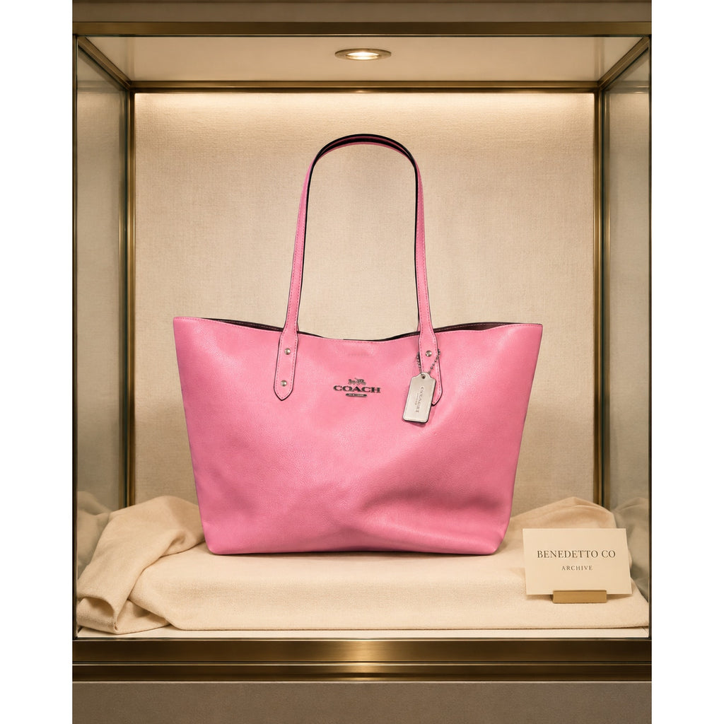 Coach Pebbled Leather Large Tote Bag Pink Striped Lining Silver Hardware