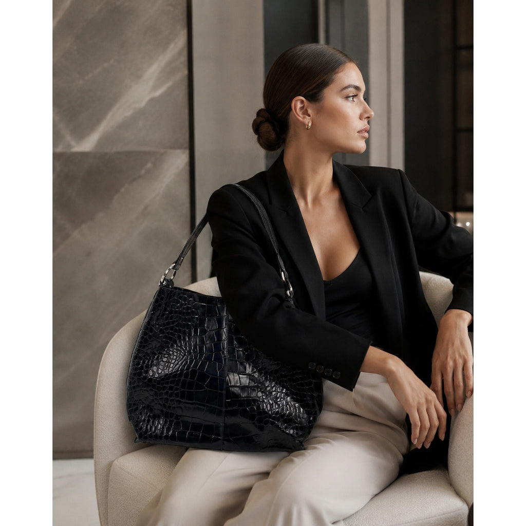 Furla Large Black Croc Embossed Patent Leather Hobo Shoulder Bag