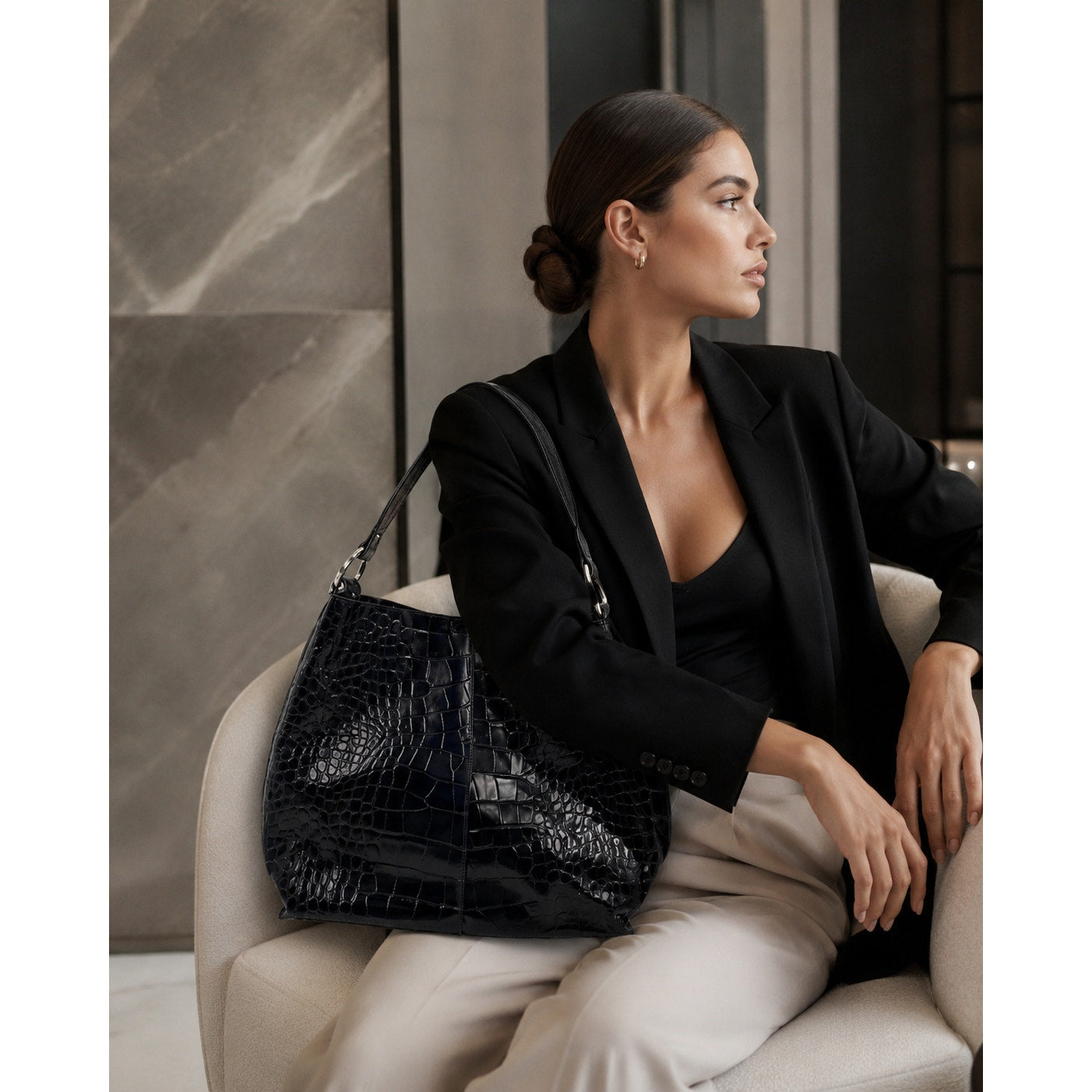 Furla Large Black Croc Embossed Patent Leather Hobo Shoulder Bag