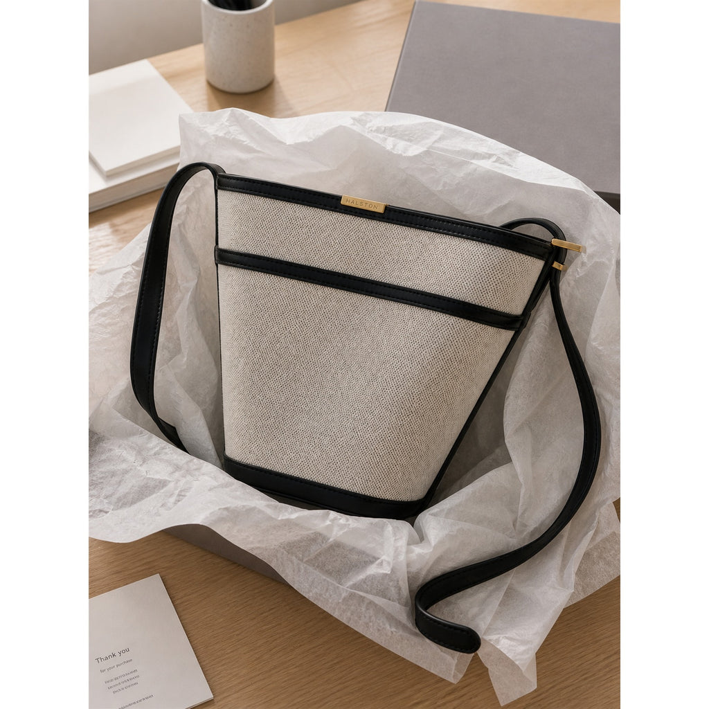 Halston Canvas Leather Trim Bucket Crossbody Bag Ivory Black Vintage