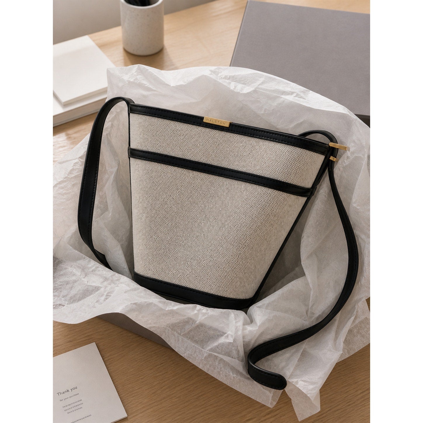 Halston Canvas Leather Trim Bucket Crossbody Bag Ivory Black Vintage