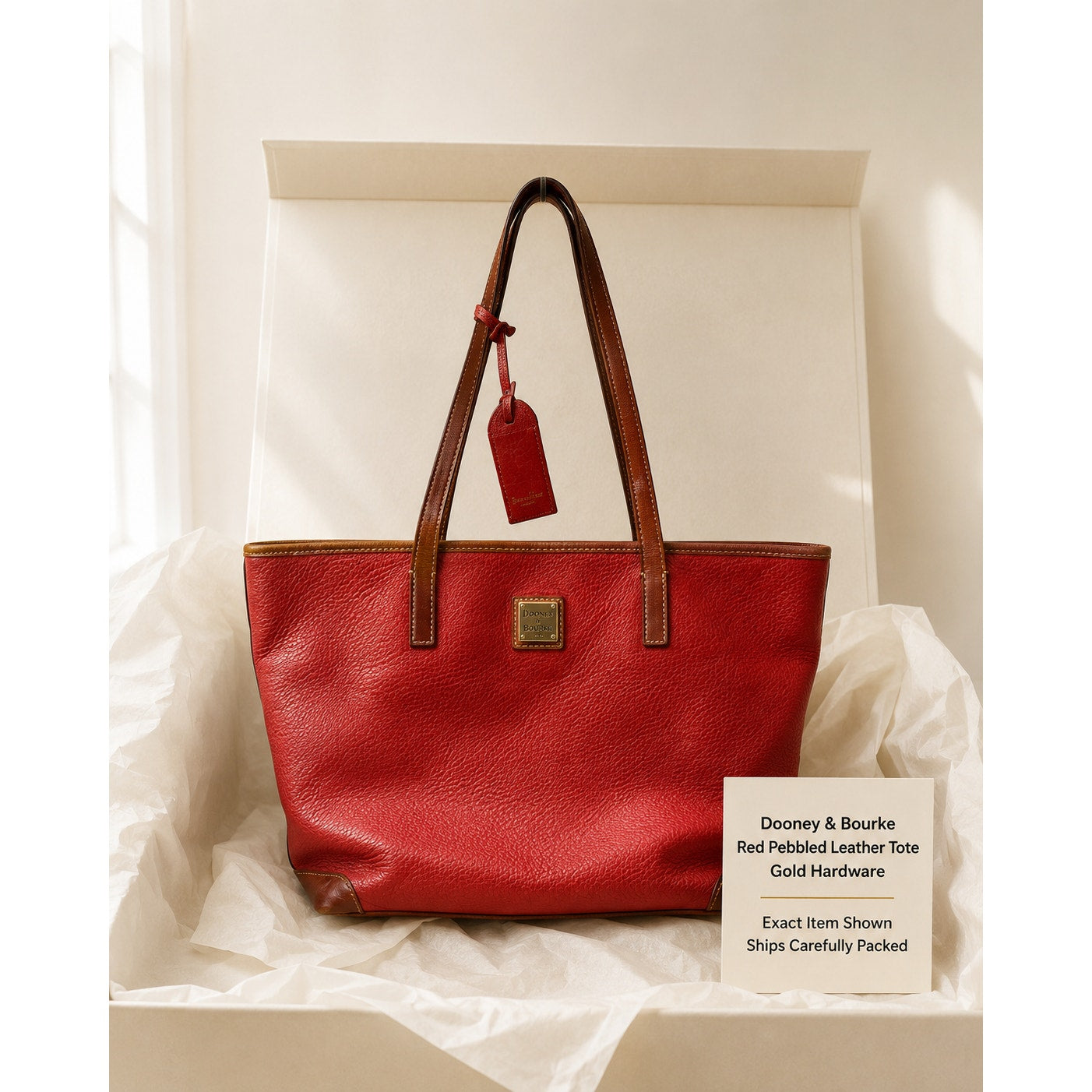 Dooney & Bourke Red Pebbled Leather Medium Tote Tan Trim Gold Hardware