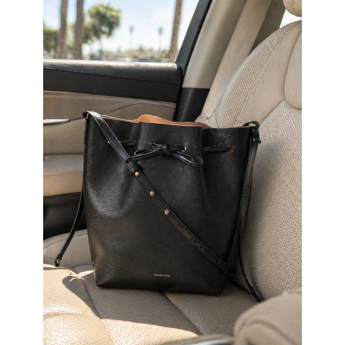 Mansur Gavriel Bucket Bag Black Leather Drawstring Shoulder Crossbody