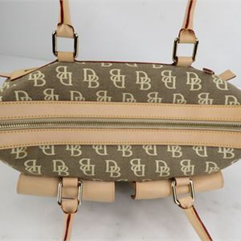 Dooney & Bourke Signature DB Monogram Pocket Satchel Tan Brown Leather Trim
