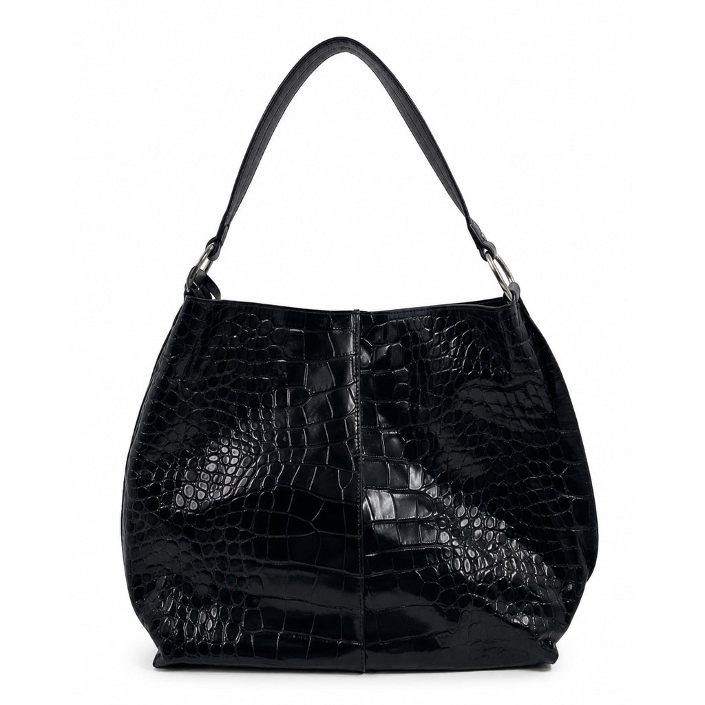 Furla Large Black Croc Embossed Patent Leather Hobo Shoulder Bag