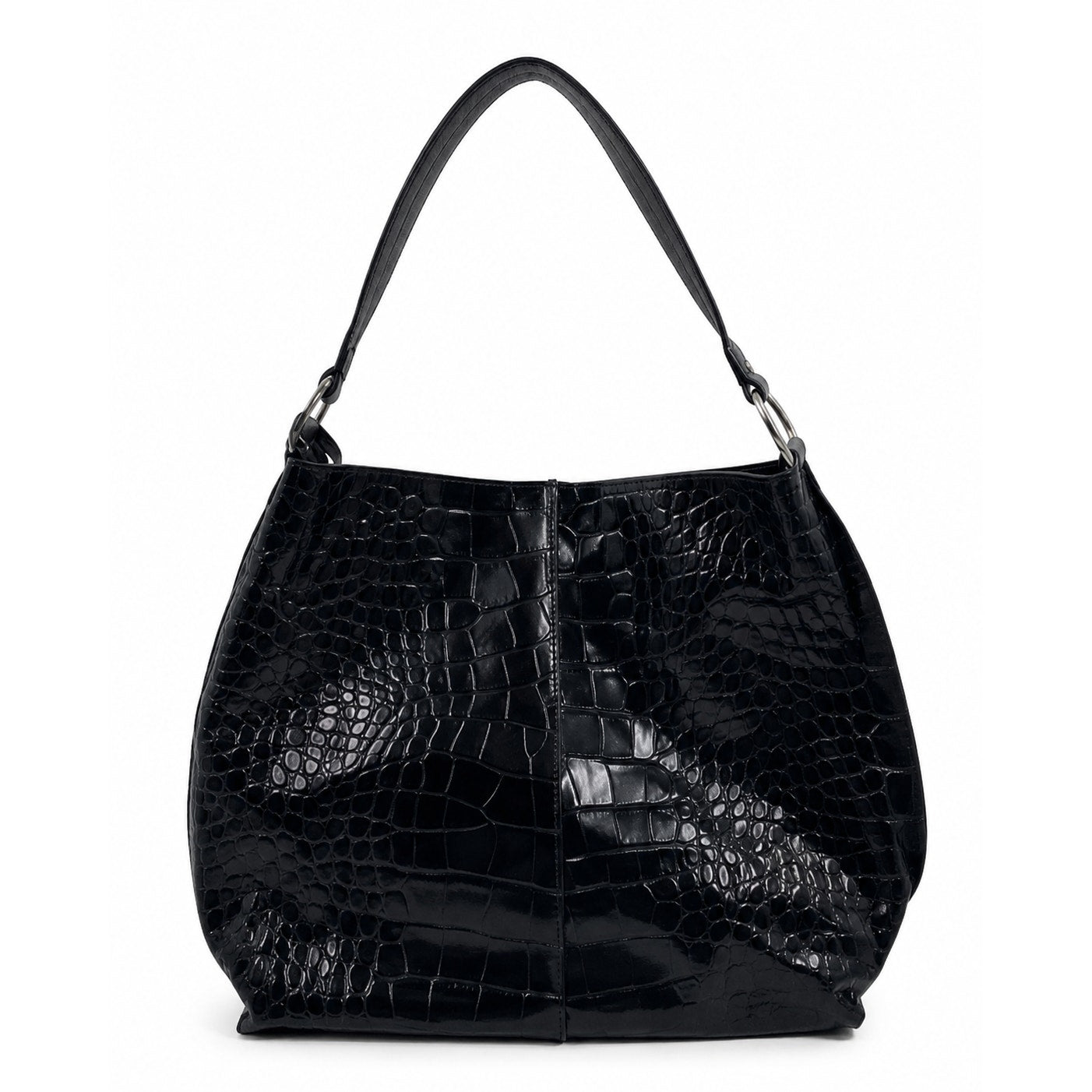 Furla Large Black Croc Embossed Patent Leather Hobo Shoulder Bag