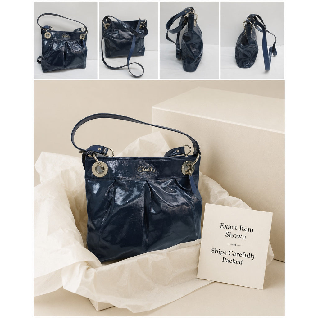Coach Kristin Pleated Patent Leather Hobo Crossbody Shoulder Bag Blue